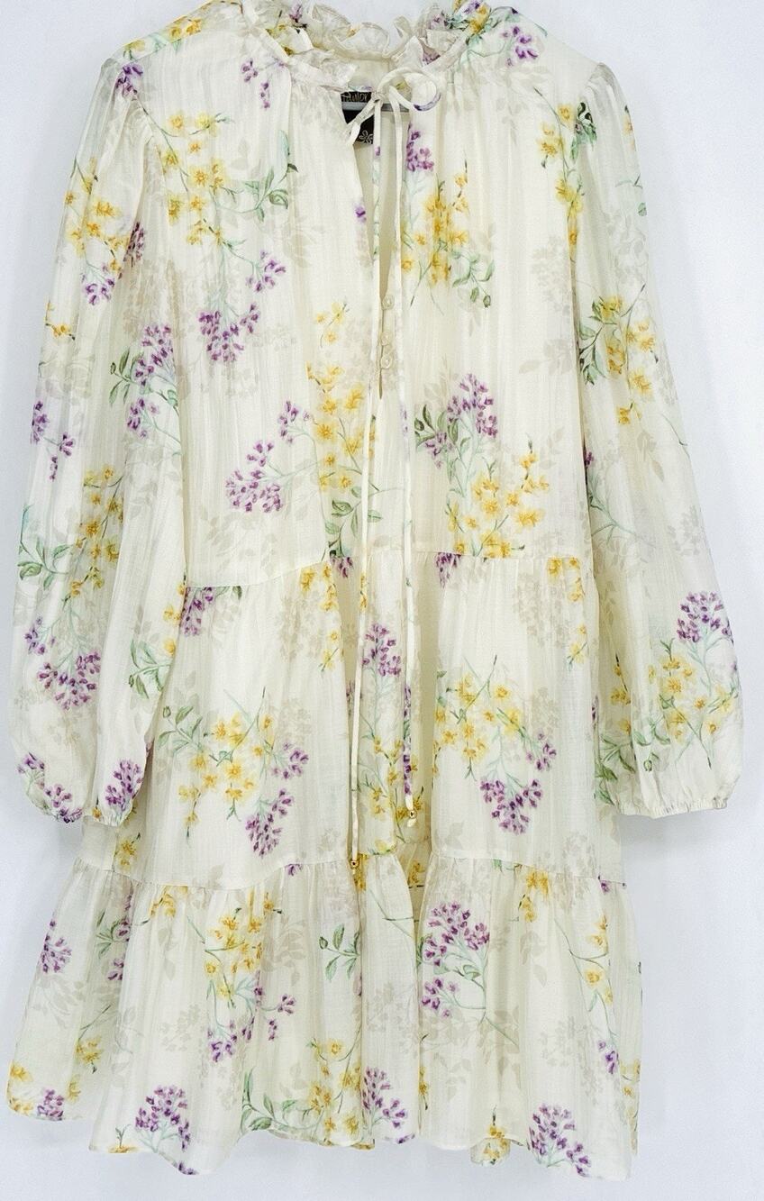 Taylor Floral Tiered Mini Dress Small Ivory Ruffle Neck Long Sleeve Cottagecore